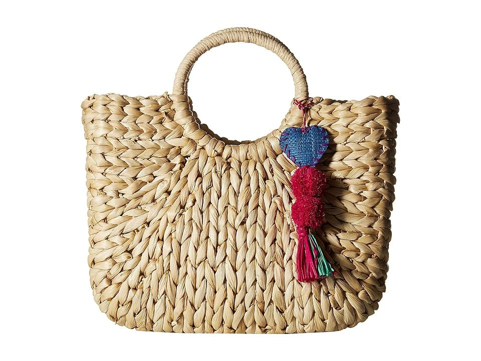 Hat Attack Small Round Handle Tote with Heart Pom Trim (Natural/Multi Heart Pom) Tote Handbags | Zappos