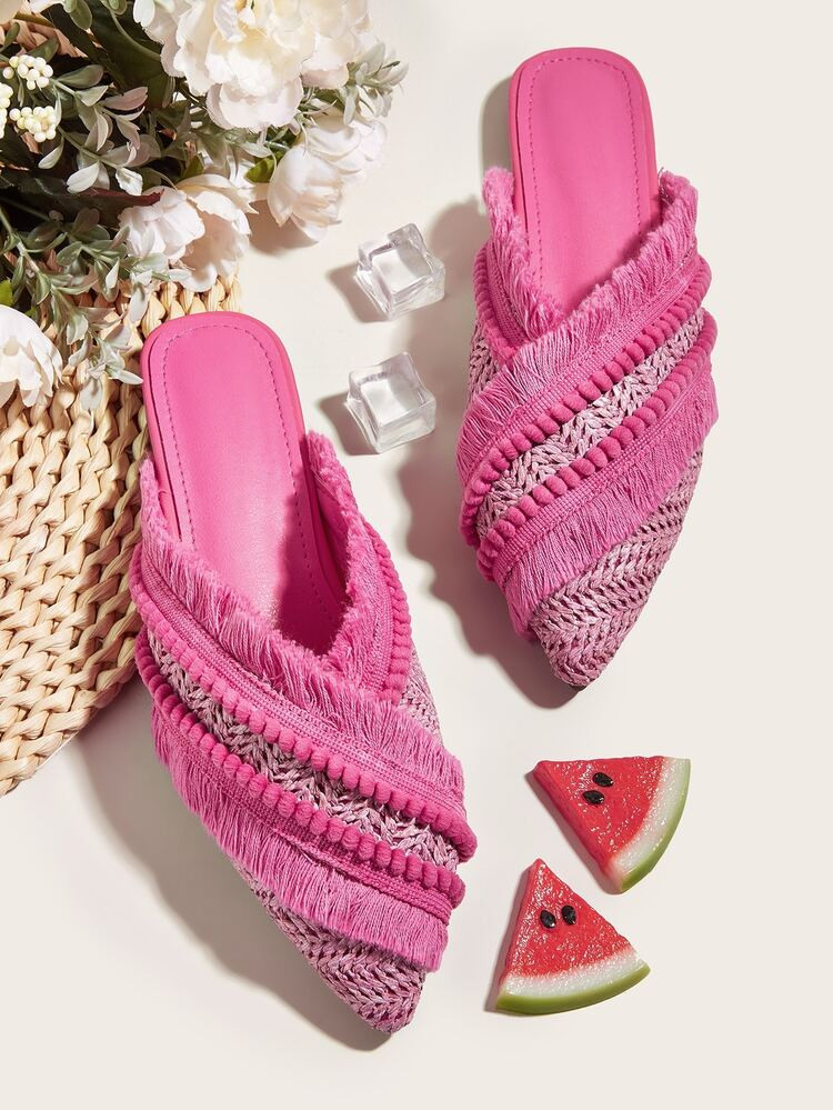 Straw Fringe & Pom Pom Decor Mule Flats | SHEIN