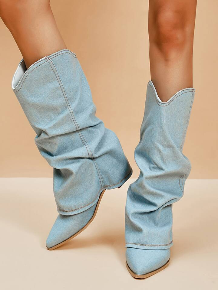 Women's Over-the-knee Denim Boots With Fold-over Design | SHEIN