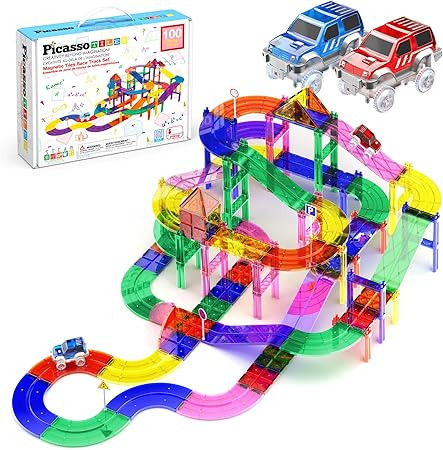 PicassoTiles 100pc Magnetic Tiles Race Track Building Set with LED Cars Adjustable Roads and Sign... | Amazon (US)