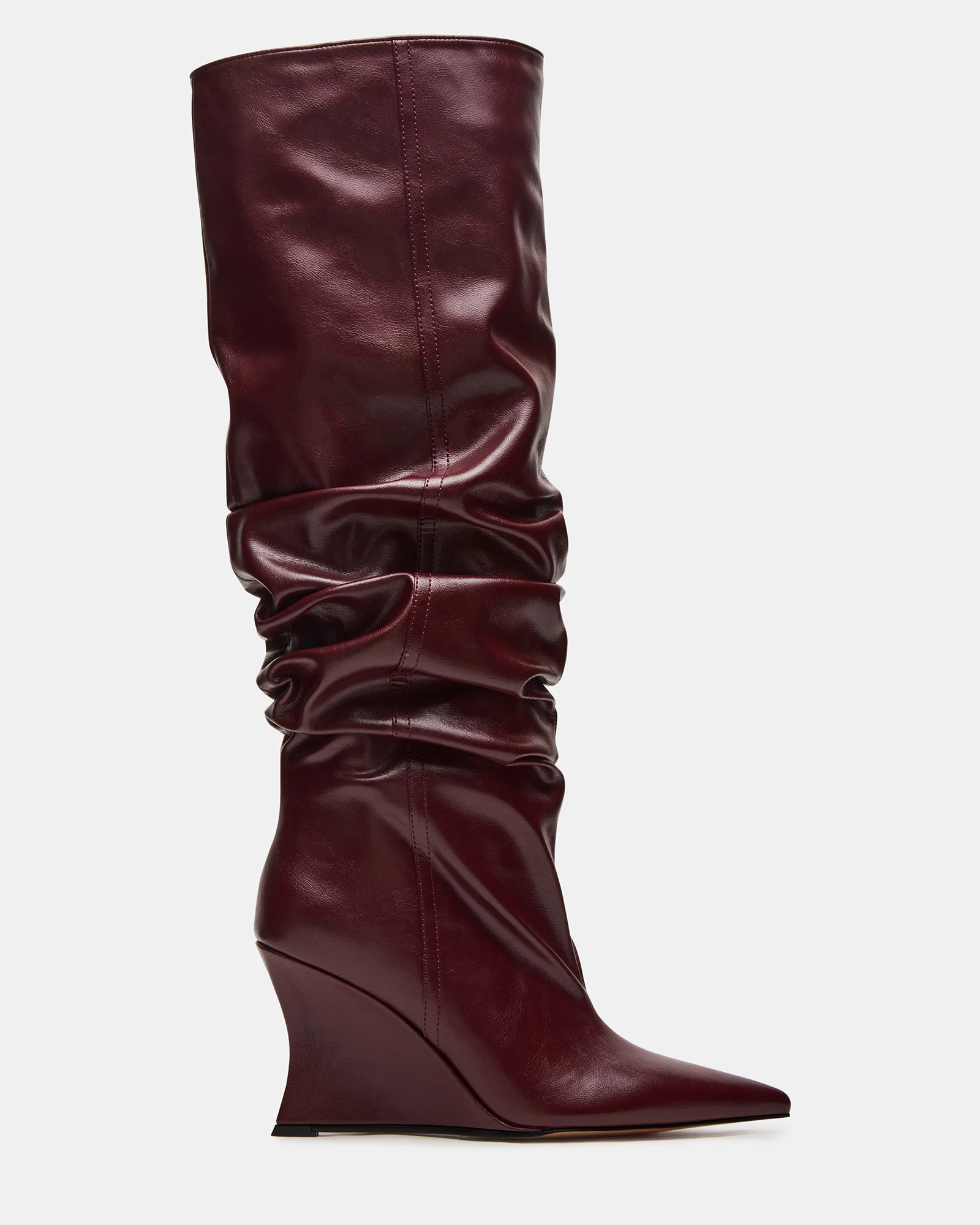 DISTORTION Burgundy Pointed-Toe Scrunched Knee-High Wedge Women's Boot | Steve Madden (US)