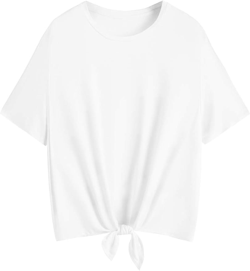 Romwe Women's Short Sleeve Tie Front Knot Casual Loose Fit Tee T-Shirt | Amazon (US)