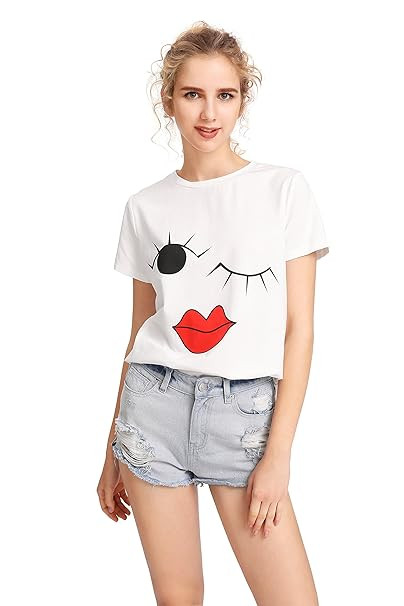 SheIn Women's Cute Pattern Print Round Neck Short Sleeve T-Shirt Top | Amazon (US)