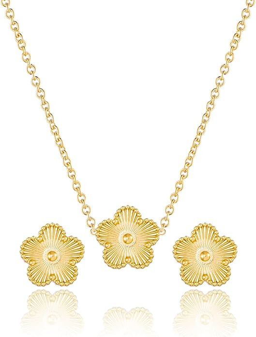 Four Leaf Clover Necklace and Stud Earrings Set for Women Lucky Flower 14K Gold Plated Jewelry | Amazon (US)