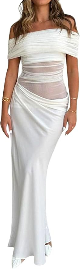 Off Shoulder Maxi Dress for Women Summer Strapless Short Sleeve Long Dress Ruched Semi Sheer Mesh... | Amazon (US)