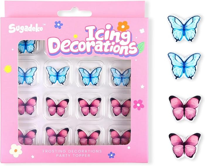 16 Count Edible Butterflies Cake Decorations,Blue Purple Butterfly Icing Decorations, Edible Suga... | Amazon (US)