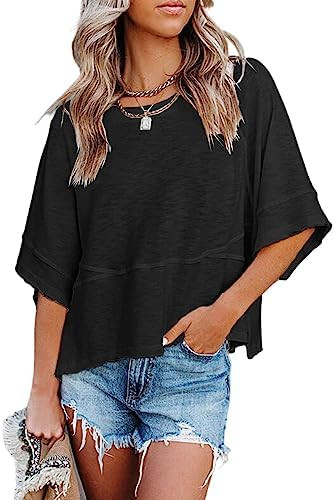 Sovelen Women's Summer Casual Crewneck Batwing Half Sleeve T-Shirts Solid Color Loose Fit Cute Ba... | Amazon (US)