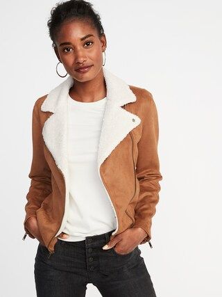 Faux-Suede Sherpa-Collar Moto Jacket for Women | Old Navy US