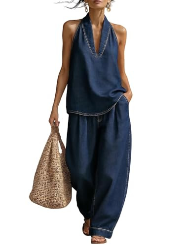 Women's 2 Piece Denim Outfits, Minimalist Halter Neck Top and High Waisted Wide Leg Pant Casual T... | Amazon (US)