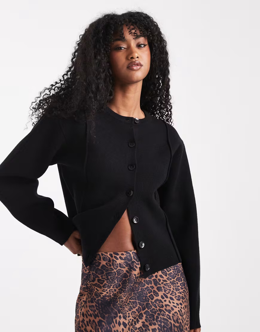 ASOS DESIGN structured shoulder pad waisted crew neck cardigan in black | ASOS (Global)