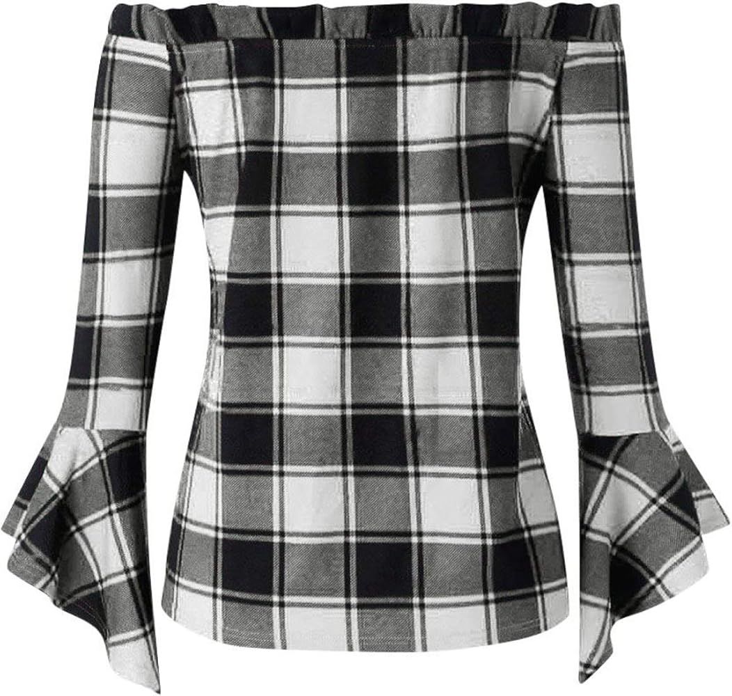 Womens Casual Plaid Ruched Tie Off Shoulder Tops Long Flare Sleeve Blouses Tunic Shirt | Amazon (US)