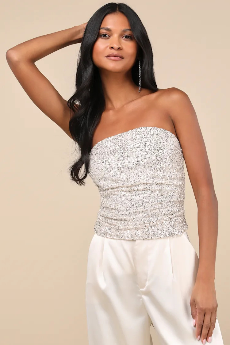 Marvelous Shine Champagne Mesh Sequin Strapless Crop Top | Lulus