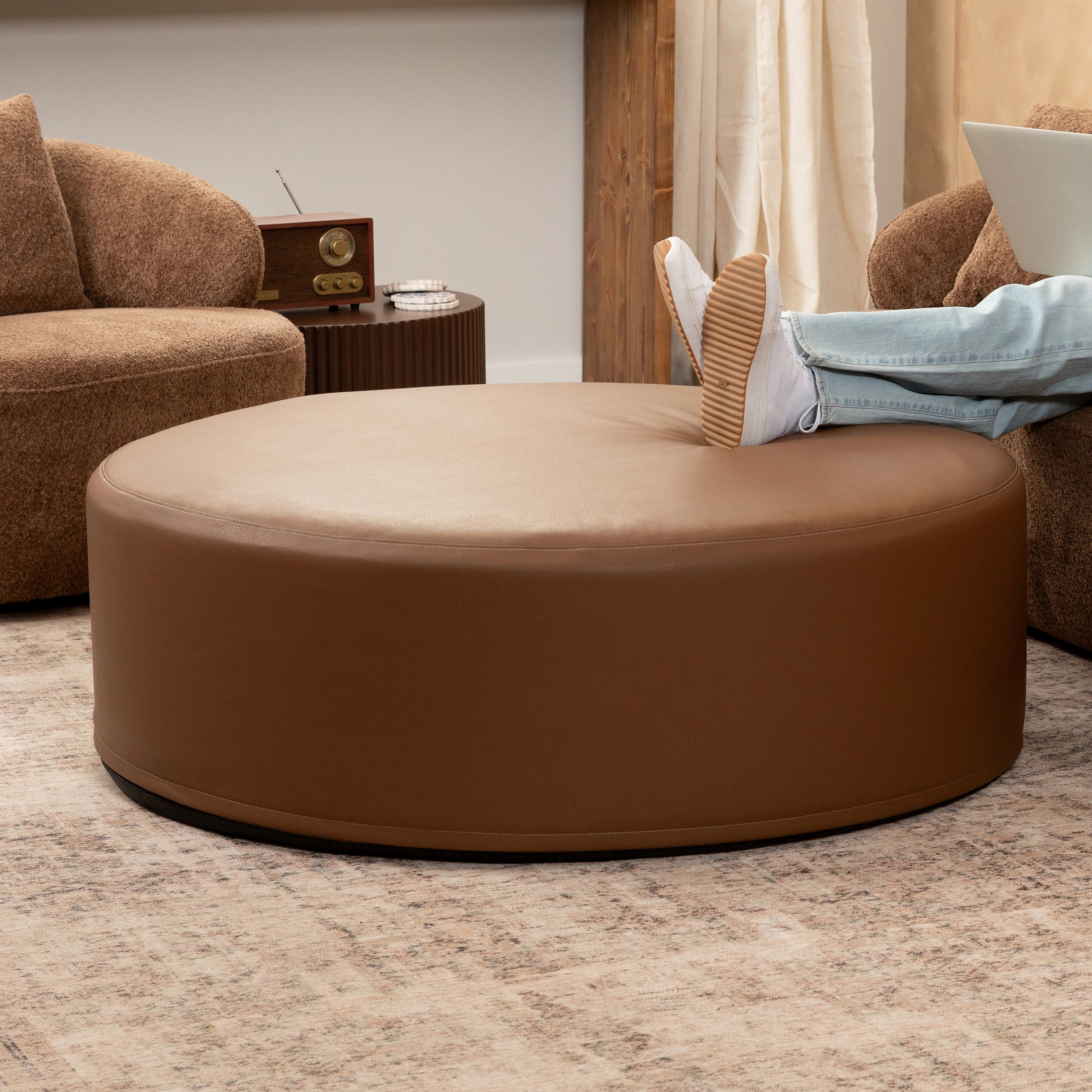 Jaxx Candler Round Couch Ottoman Large Coffee Table & Foot Rest, 44-Inch - Faux Leather Walnut | Overstock