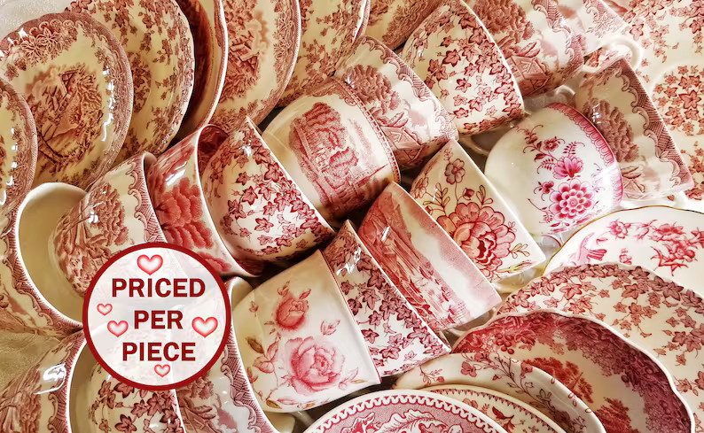 Pink Red White CUPS & SAUCERS Mismatched China Vintage Tea Party Wedding Bridal Shower Sets Engli... | Etsy (US)