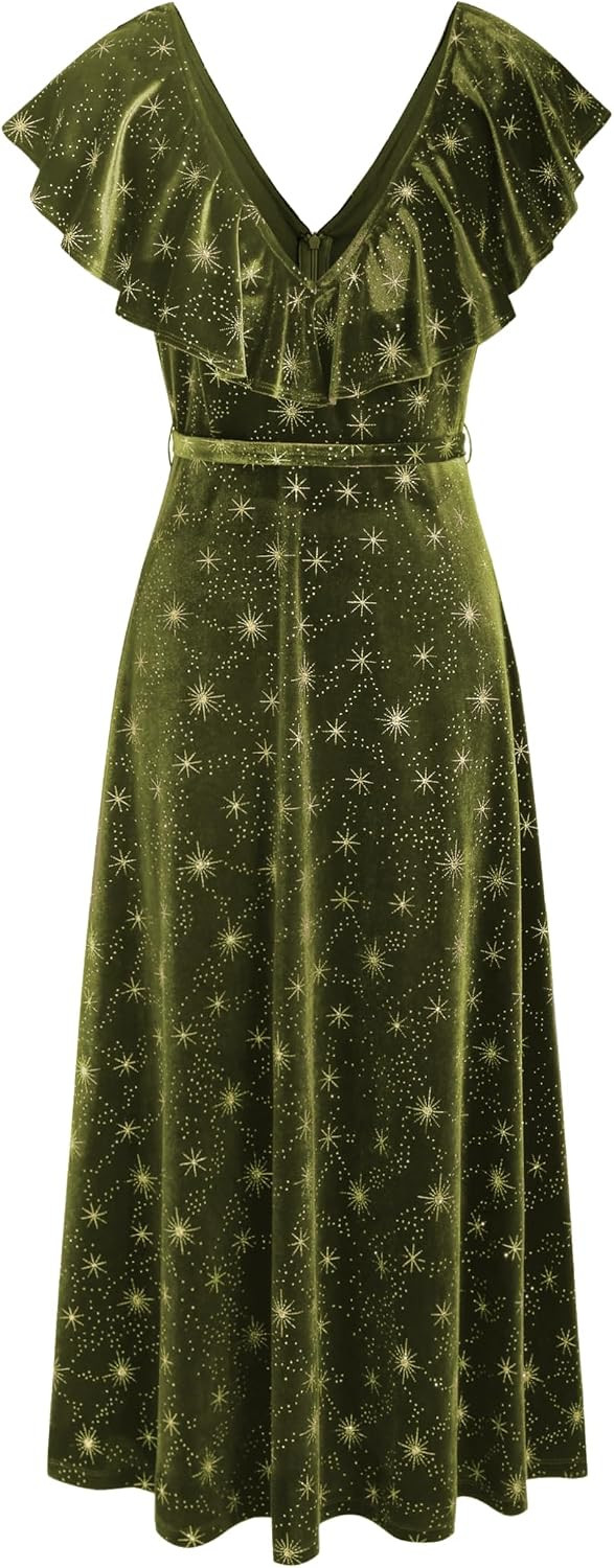 CIDER Velvet Dress Party Midi Dress Star Ruffle Tie Back V Neck Elegant Cocktail Dress Wedding Guest Dresses | Amazon (US)