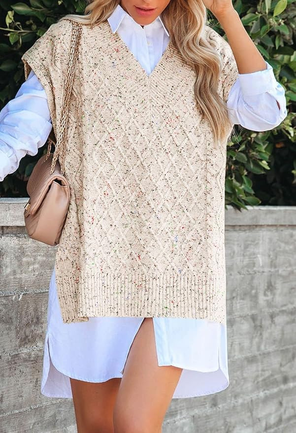 Viottiset Women's Oversized V Neck Knit Sweater Vest Tunic Sleeveless Pullover Top | Amazon (US)