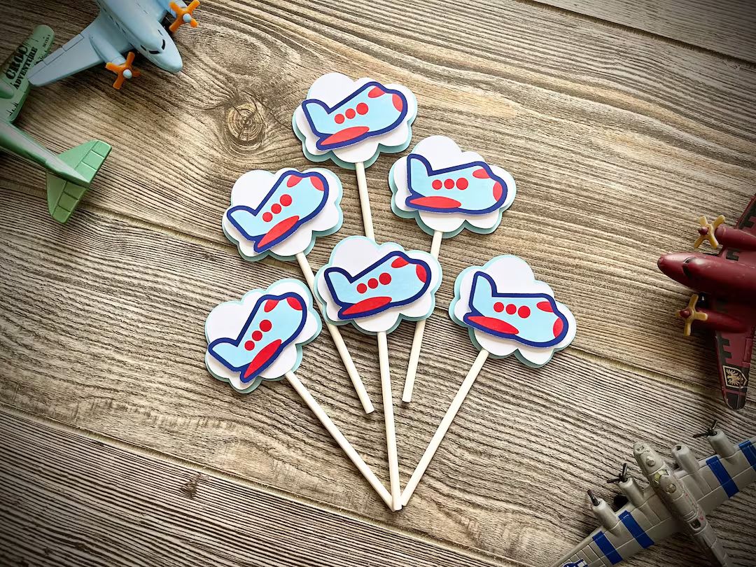 Airplane Cupcake Toppers Pilot's First Birthday Time Flies Party Two Fly Decor - Etsy | Etsy (US)