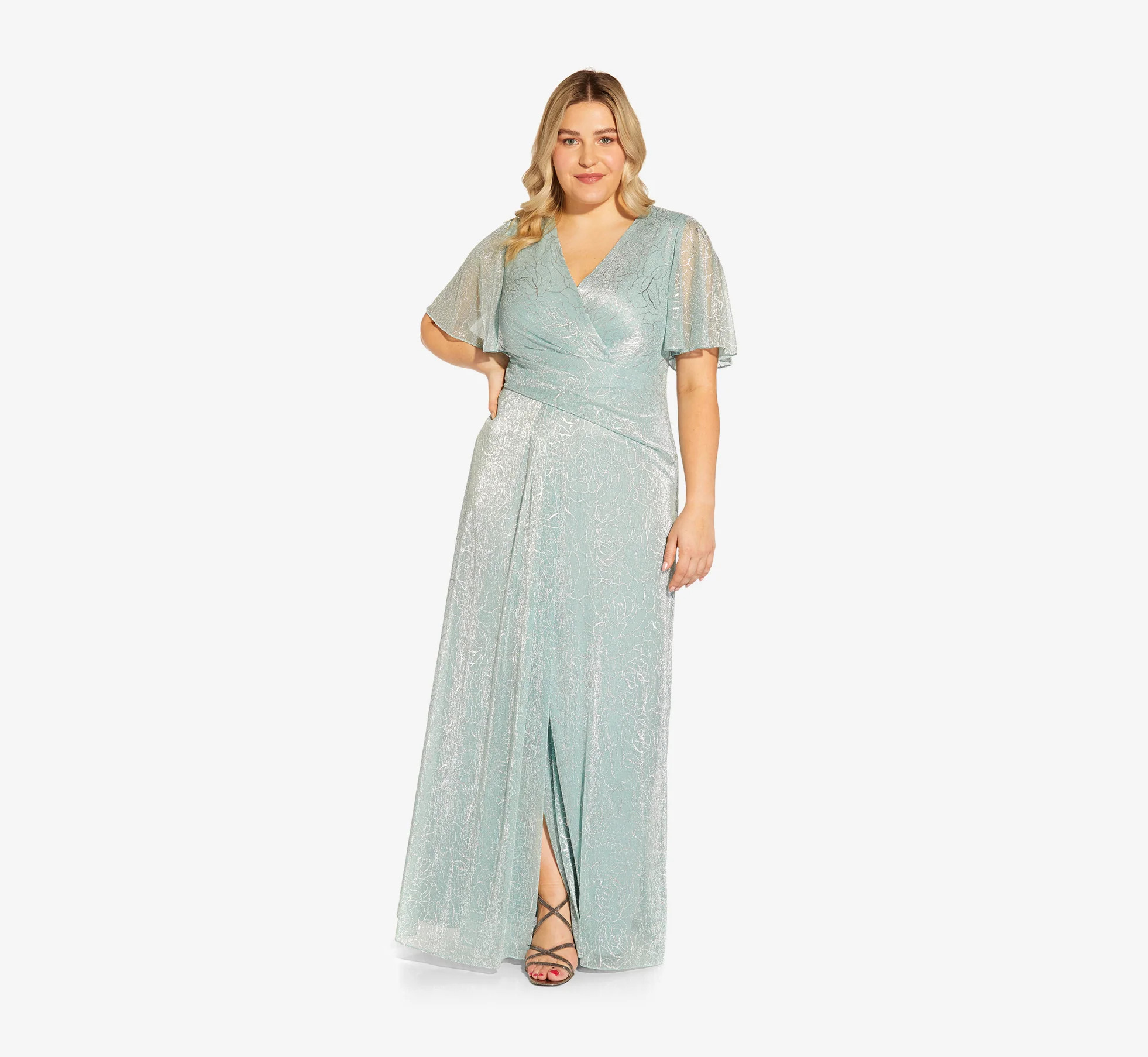 Blue Plus Size Metallic Mesh Draped Gown - Adrianna Papell | Adrianna Papell