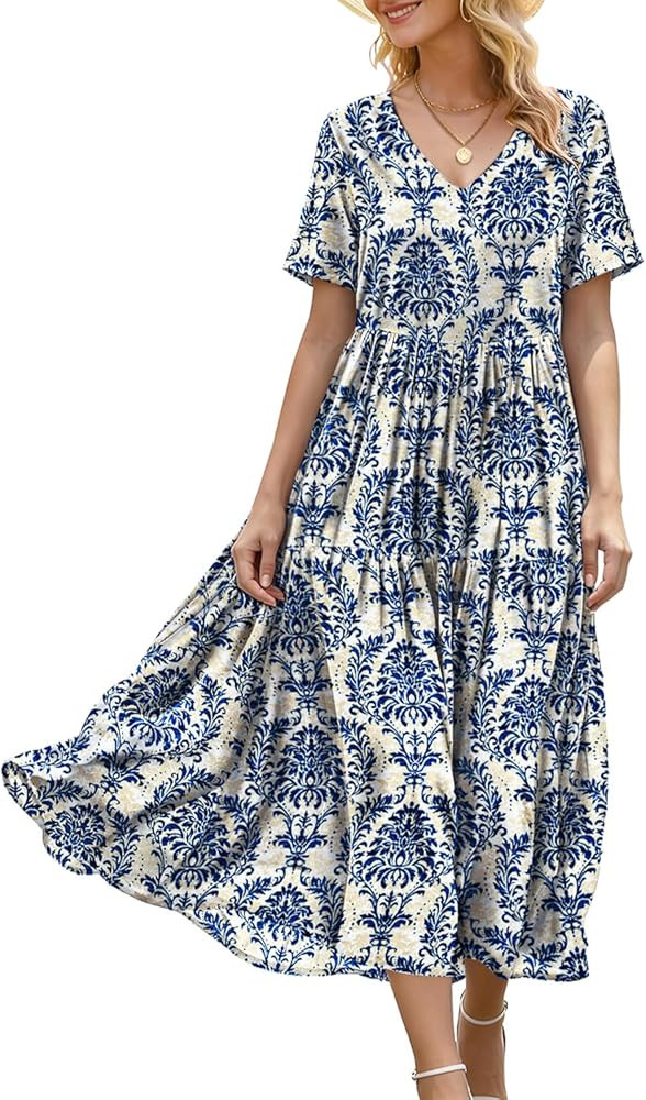 YESNO Women's Summer Maxi Dresses Casual Floral Short Sleeve V Neck Boho Beach Vacation Swing Dre... | Amazon (US)