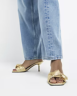 Gold ruched bow heeled mule sandals | River Island (UK & IE)