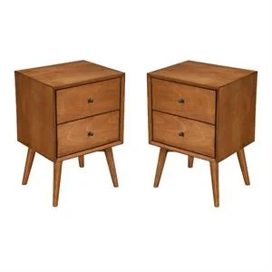Home Square Mid Century 2 Drawer Wood Nightstand in Acorn Brown ( Set of 2 ) | Homesquare