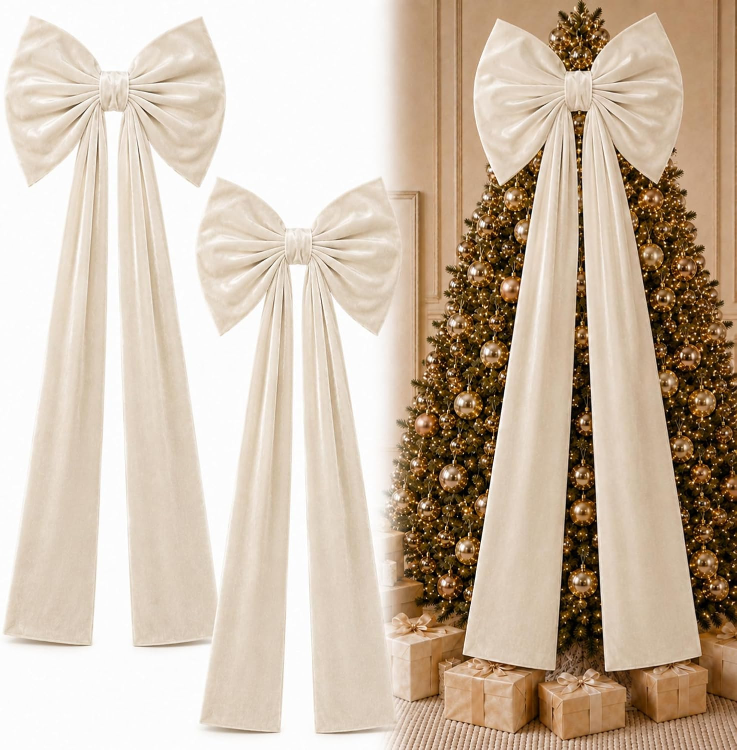 Knitgrip 2 Pack 20x71 in Large Christmas Velvet Bow, Beige | Amazon (US)