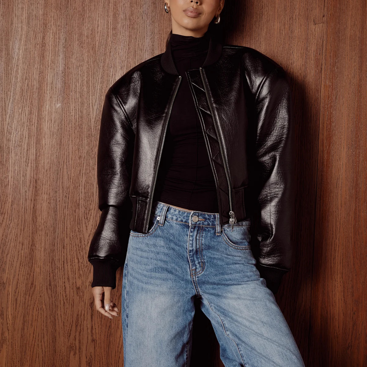 KYLIE Black PU Bomber Jacket | Noughts and Kisses