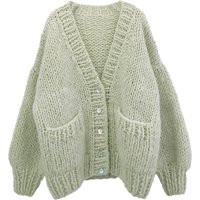 Hand Knit Oversize Woman Sweater Mohair Button Front Cardigan Pocket Mist Green | Etsy (US)