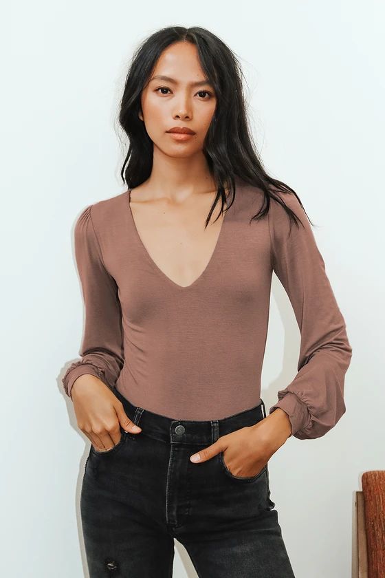 Kaylene Taupe V-Neck Balloon Sleeve Bodysuit | Lulus (US)