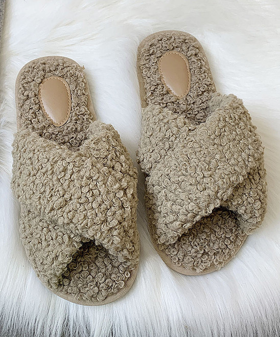TMBU Women's Slippers khaki - Khaki Crisscross Faux Fur Slipper - Women | Zulily