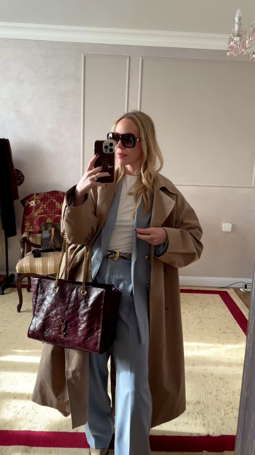 Work look, business casual workwear, spring workwear, trench coat, baby blue suit, snakeskin belt, burgundy YSL tote bag

#LTKWorkwear #LTKOver40 #LTKootd