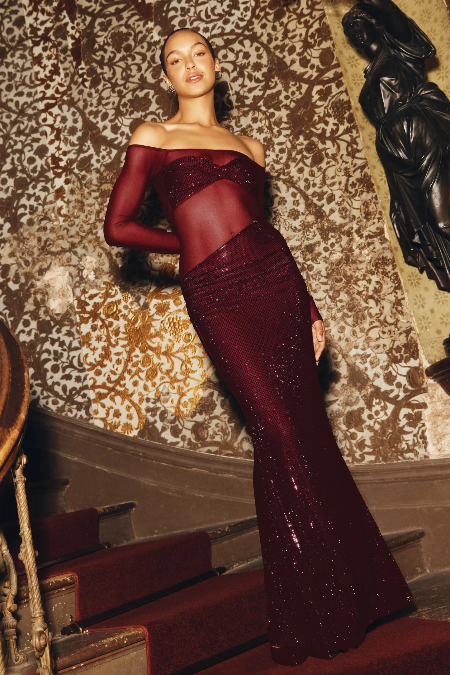 Nash Diamante Off Shoulder Maxi Dress - Mahogany | MESHKI US