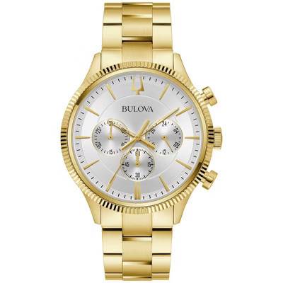 Bulova Men's Quartz Dress Classic Watch, Gold-Tone Stainless Steel Bracelet, Silver-White Dial, 6 Hand, Chronograph, 24 Hour Time | Target