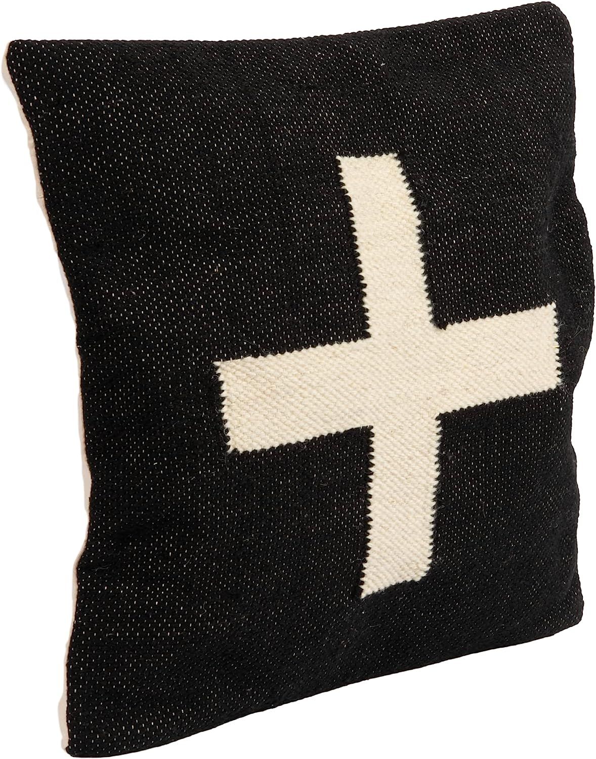Creative Co-Op Wool Blend Pillow with Swiss Cross, Black and Cream | Amazon (US)