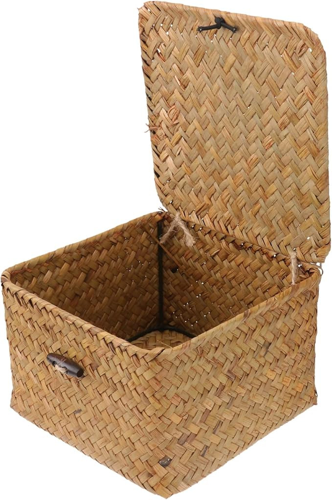 DOITOOL Straw Rattan Storage Basket With Lid Square Wicker Storage Bins Tea Storage Box With Cove... | Amazon (US)