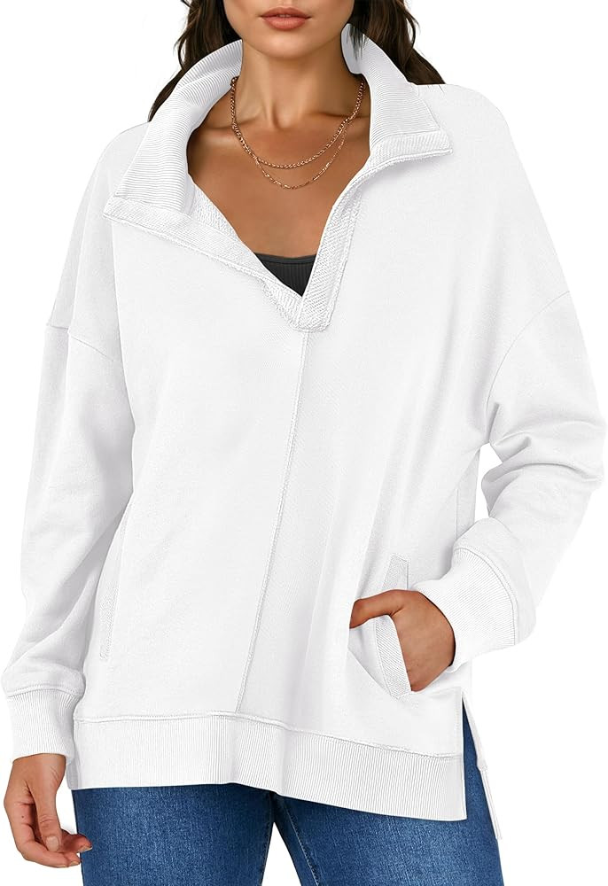 ANRABESS Women Long Sleeve Polo V Neck Split Casual Loose Fit 2024 Fall Tunic Pullover Sweatshirt... | Amazon (US)