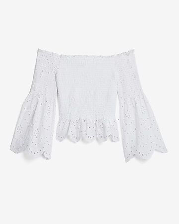 Off The Shoulder Smocked Eyelet Lace Bell Sleeve Top | Express