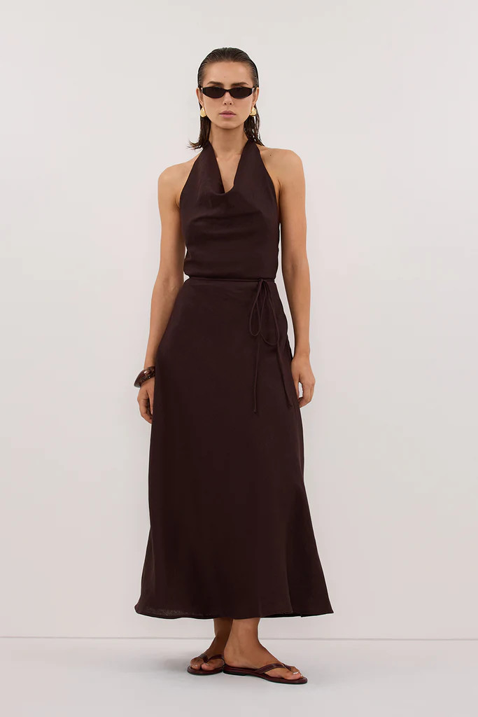 HAYLEE BURNT CHOC SLEEVELESS LINEN COWL DRESS | DISSH