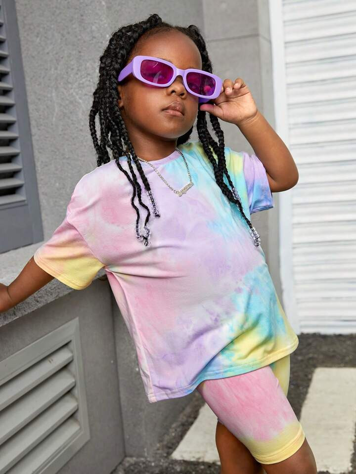 SHEIN Young Girl Fashion Sports Tie-Dye Crew Neck Short Sleeve Shorts Set, Spring & Summer Summer... | SHEIN