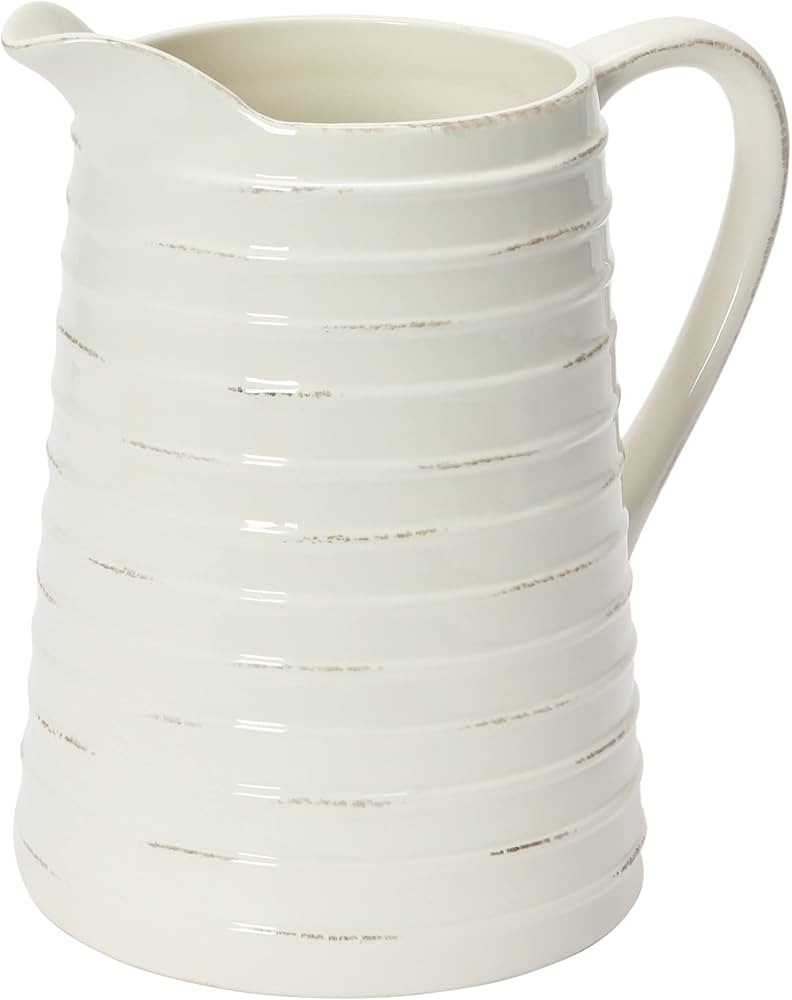 Creative Co-Op Farmhouse Embossed Stripe Ceramic Pitcher, Distressed White | Amazon (CA)
