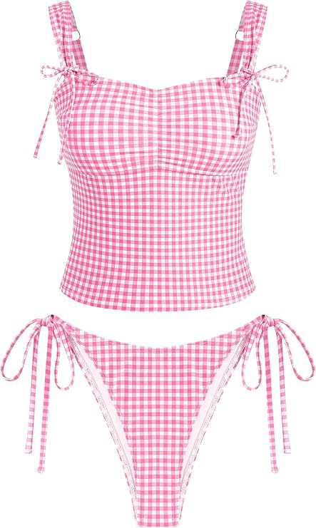 ZAFUL Women's Gingham Ruched Bowknot Decor Cinched Back Tankini Set Tummy Control 2 Piece Bikini ... | Amazon (US)