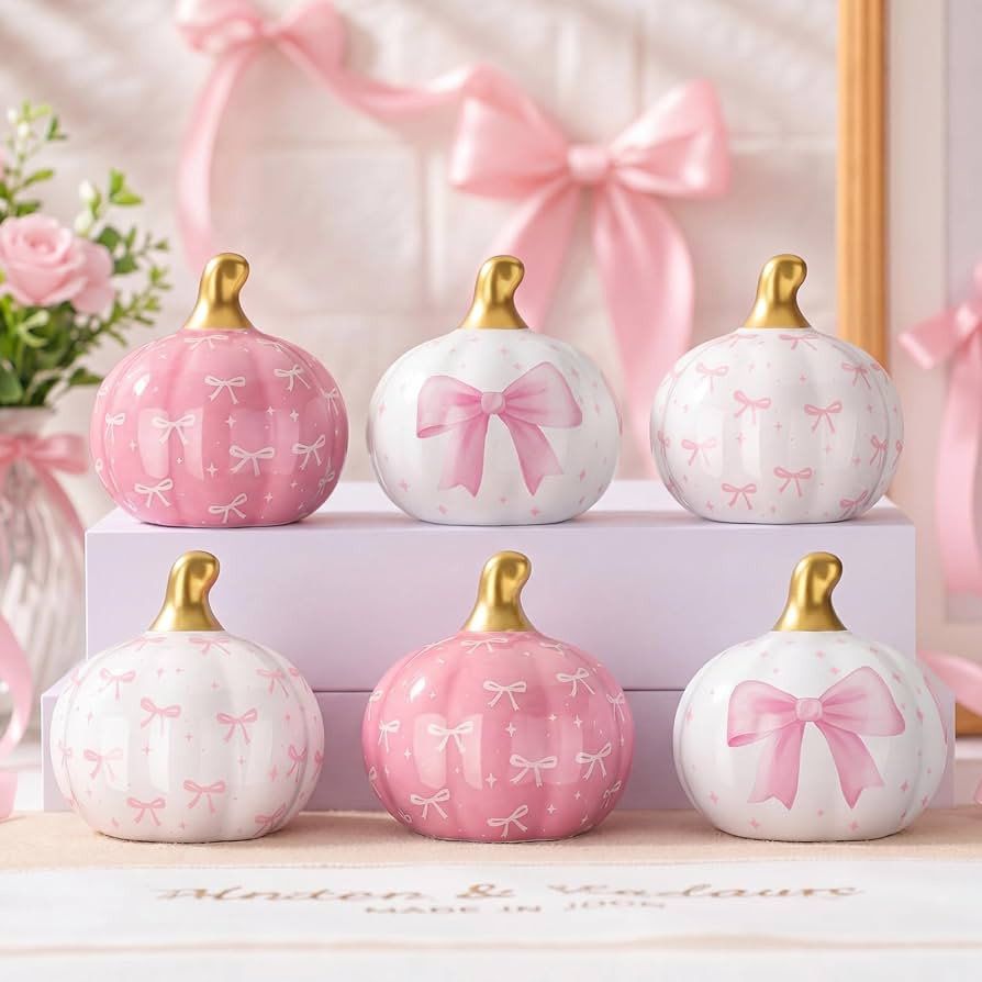 DoubleFill 6 Pcs Pink and White Bow Ceramic Pumpkins Fall Table Decor | Amazon (US)