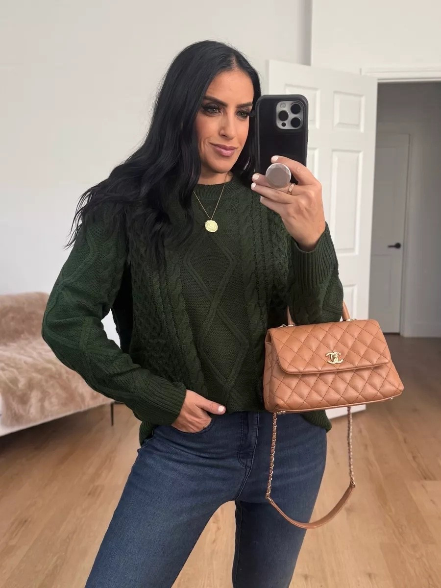 Oversized Cable Knit wearing size medium under $30.

