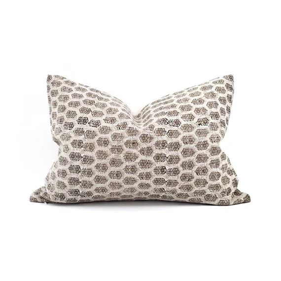 Designer pillow, lumbar sizes white small flower batik block printed linen pillow | Etsy (US)