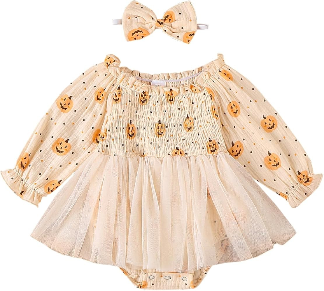 Newborn Baby Girl Halloween Romper Dress Pumpkin Long Sleeve Tulle Bodysuit Infant Halloween Outf... | Amazon (US)
