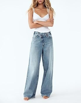 yoeasy Women's Casual Baggy Jeans Crossover Mid Waist Wide Leg Loose Boyfriend Denim Pants Trousers with Pockets (Small, Light Blue) at Amazon Women's Jeans store | Amazon (US)