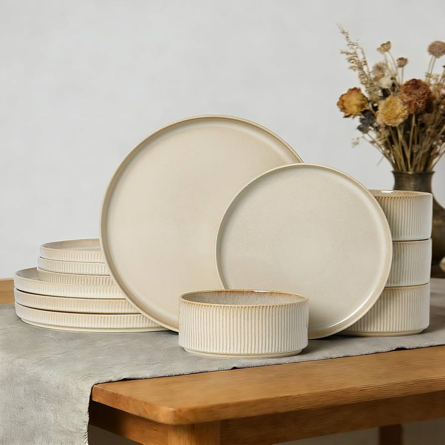 Stoneware Dinnerware Sets, Plates and Bowls Sets for 4, 12-Piece Ribbed Dishes – Chip & Scratch... | Amazon (US)