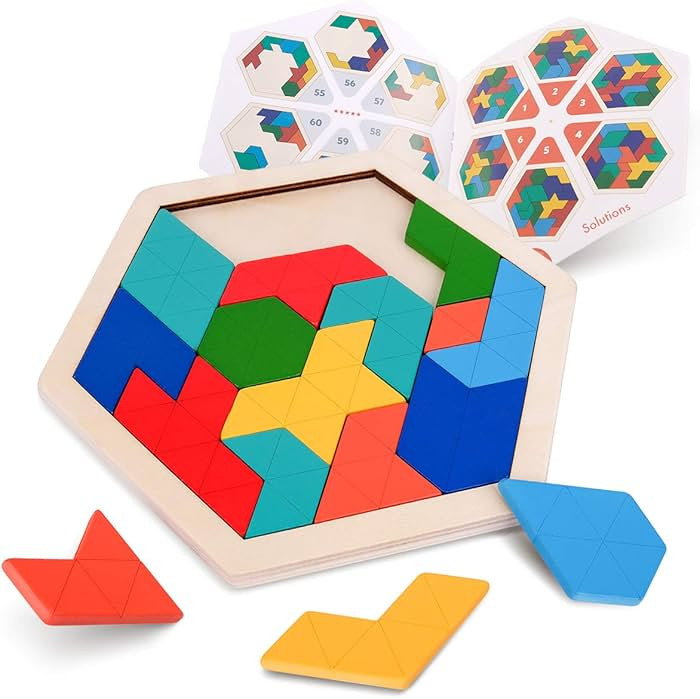 Wooden Hexagon Tangram Puzzle for Kids Adults, Geometric Shape Pattern Blocks, 3D Logic IQ Game, ... | Amazon (US)