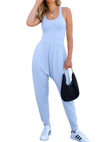 Caracilia Women Jumpsuits 2025 Summer Sleeveless Backless Tank Top Rompers Yoga Gym Workout Jumper One Piece Outfits Light Blue Small | Amazon (US)