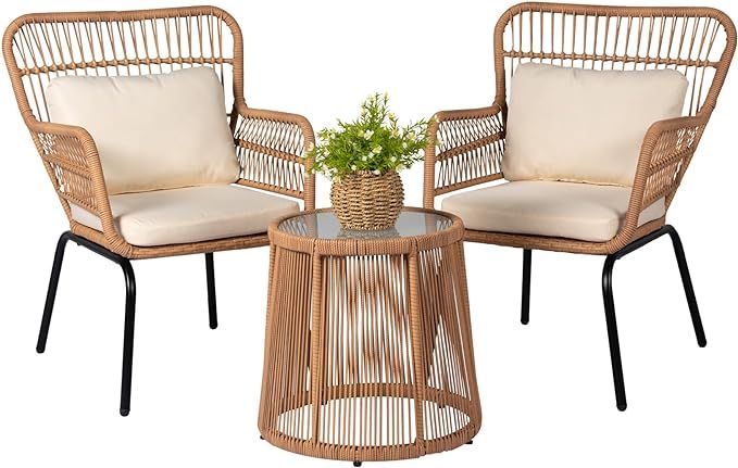 3 Piece Outdoor Wicker Furniture Bistro Set, Rattan Chairs Conversation Sets Porch Furniture, Wic... | Amazon (US)